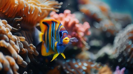 A jovial angelfish with a funny face swims among colorful coral reefs, entertaining fellow marine life.
