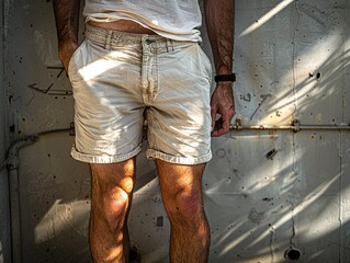 Male legs in tan shorts standing against weathered metal wall