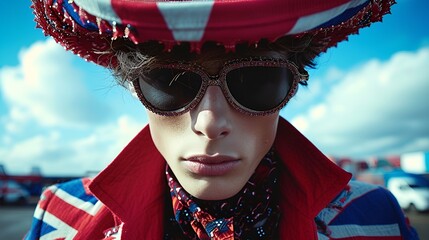 Fashion model - fashion inspired by British flag - Union Jack - stylish - sunglasses - blue background - England 