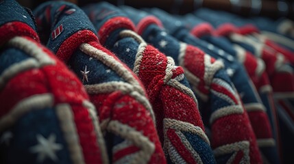 Coats hanging up - British flag style - inspired by Union Jack - red white and blue 