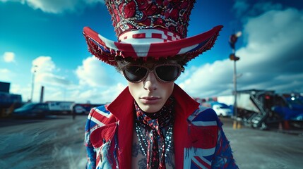 Fashion model - fashion inspired by British flag - Union Jack - stylish - eccentric and quirky  - sunglasses - blue background - England 