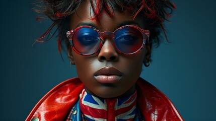 Fashion model - fashion inspired by British flag - Union Jack - stylish - African-American - sunglasses - blue background - England 