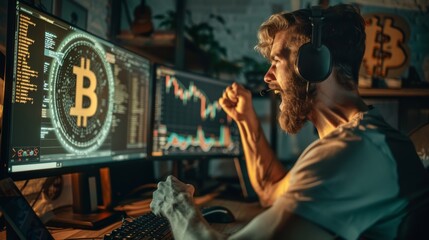 Energetic Bitcoin Investors Celebrating in a Modern Startup Office, Reflecting a Dynamic and Edgy Workplace Culture.