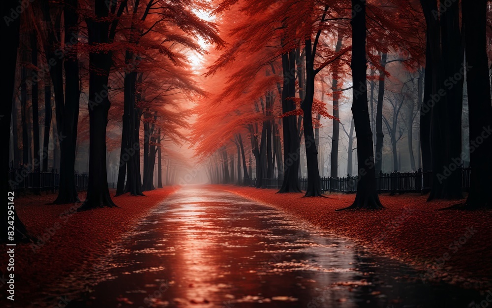 Poster a path through a forest with red leaves and a red sky