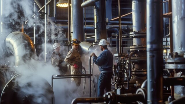 A group of workers performing maintenance on an industrial steam boiler surrounded by the hot hissing pipes and valves.