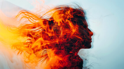 Silhouette of a woman abstract the fire within, orange red profile intense portrait, dramatic energy passion