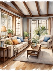 Cozy Living Room Watercolor Art