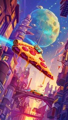 Obraz premium Futuristic Floating Cityscape with Neon Lit Skyscrapers and Hovering Rocket in Vibrant Cosmic Atmosphere