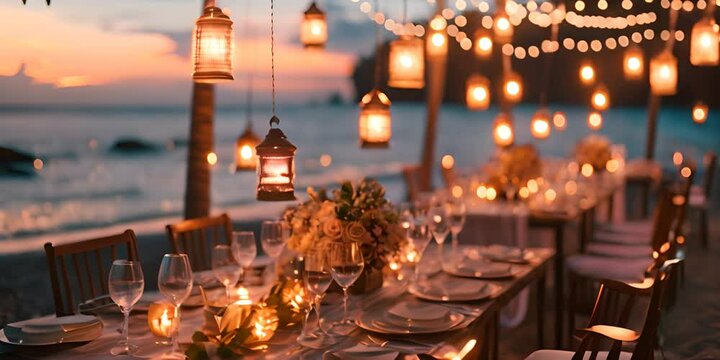 A beach dinner at sunset with a long table decorated with flowers and candles, hanging lanterns above the table, darkening surroundings, sea and colorful sky in the background