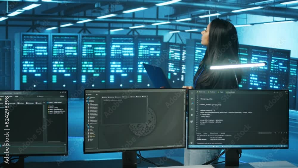 Poster system admin working in computer network security data center, ensuring optimal performance. worker 