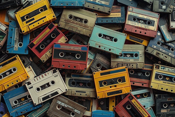Top down view of a collection of vintage cassette tapes scattered - Generative AI