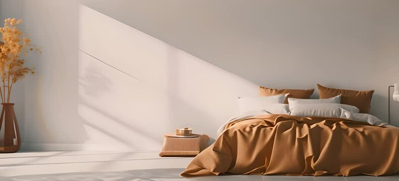 A minimalist bedroom with warm brown and white bedding, a bedside table with decor, and a vase with dried flowers in the corner