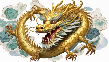 Fototapeta premium Chinese golden dragon isolated on a white background.