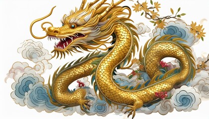 Obraz premium Chinese golden dragon isolated on a white background.