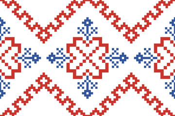 Obraz premium Cross Stitch embroidery seamless. Geometric pixel ethnic patterns. American, Mexican,African, mediterranean, nordic,Aztec style.Tradition folk art background design for products, fabric, ,print,decor.