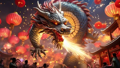 A dynamic Chinese dragon breathes fire in a scene illuminated by traditional lanterns and fireworks.