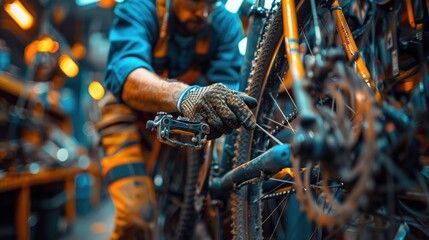 Close up hand of male mechanic working in bicycle repair shop, repairing broken bicycle