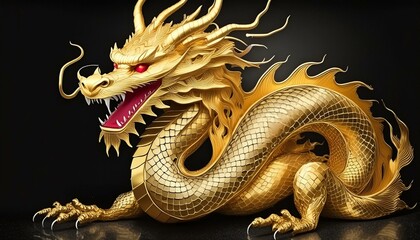 Obraz premium A gold dragon with red eyes is laying on a black background