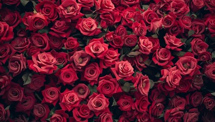 wall of red roses, flat lay photography, aesthetic vibe, pink and dark crimson color scheme, valentine's day vibes.