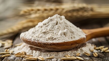 Stack of white wheat flour in a wooden spoon