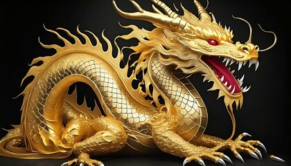 Obraz premium A golden dragon isolated on a black background