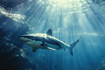Fototapeta premium white shark under water on the sea hunting victim 