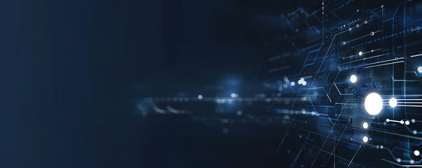 An abstract futuristic technology background with digital circuits and holographic elements on a black and blue background, with space for text
