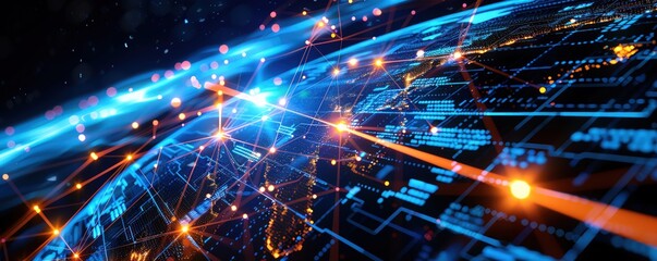 Obraz premium An abstract big data concept background with digital grids, luminous data streams, and interconnected points on a dark background, with space for text
