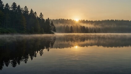 Fototapeta premium ake in the morning with the sun rising over the trees.