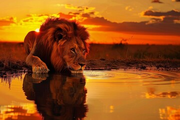 Majestic Lion Drinking from a Diminishing Waterhole in the Savannah During Sunset, highlighting the...