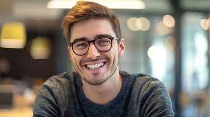 Young man in office laughing at camera