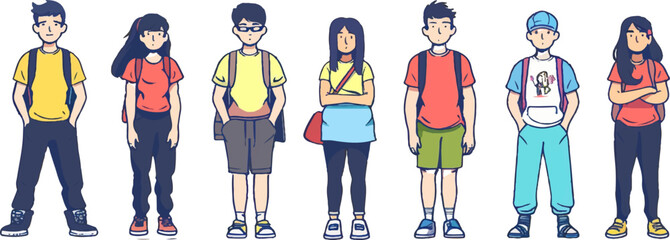 Group of Teenagers in Casual Outfits Illustration with Diverse Characters