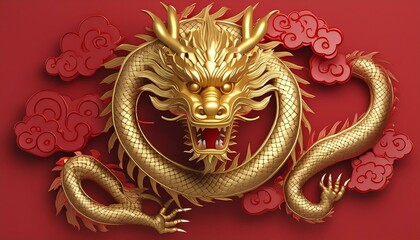 A golden Chinese dragon on red background with copyspace foe text