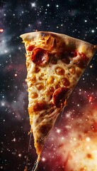 Cosmic Pizza Slice Floating in the Midst of a Breathtaking Galaxy with Swirling Nebulae and Dazzling Stars in the Vast Expanse of the Infinite