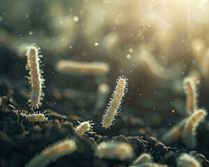 Fototapeta premium Close-up photograph of bacteria in soil, highlighted by sunlight filtering through, showcasing earthy tones and intricate microbial structures.