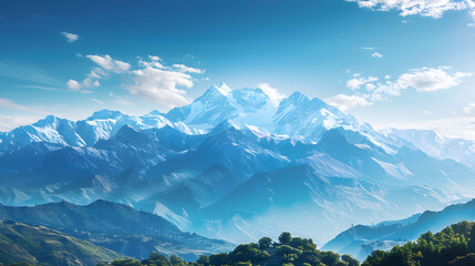 Symmetrical Mountain Range Under Clear Blue Sky with Snow-Capped Peaks and Scenic Foreground