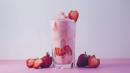 A harmonious composition featuring a glass of strawberry smoothie, adorned with fresh strawberry slices, against a solid white backdrop
