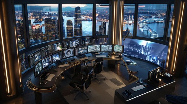 Luxurious Home Office Overlooking Cityscape at Night, Bitcoin Investor Surrounded by Screens Showing Crypto Trades in Real Time, Featuring Ambient Lighting - Concept of Success and technology.