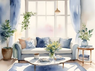 Cozy Living Room Watercolor Art