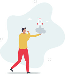 confidence businessman holding rocket project thinking for launch.flat vector illustration.