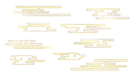 横長のゴールドの線画の和風の雲、エ霞の素材イラスト