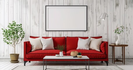 White wooden wall, modern living room interior with red sofa and coffee table