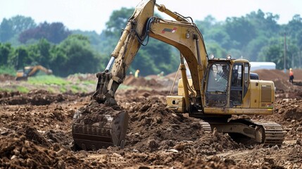 The excavators powerful arm digging through layers of soil as workers prepare the groundwork for a new construction project.