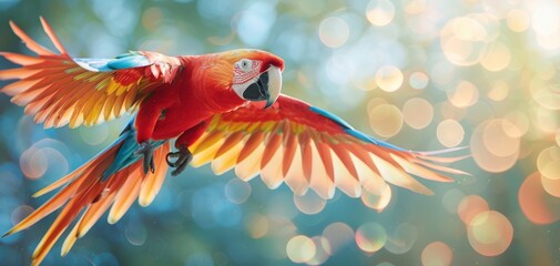 Parrot bird world peace day concept, Colorful parrot in flight, Blue sky background, Symbol of peace, Unity and harmony