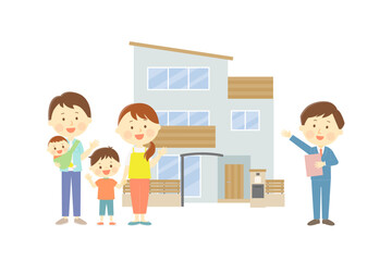 三階建て住居を4人家族に勧める不動産会社の男性のイラスト