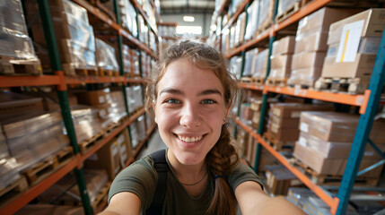 Fototapeta premium Happy woman taking selfie in warehouse with boxes and shelves
