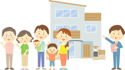 Obraz premium 一戸建てを二世帯家族に勧める不動産会社の男性のイラスト
