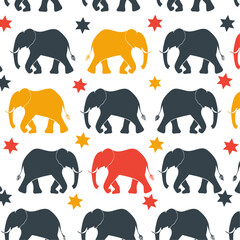 A seamless pattern with silhouettes of elephants and stars