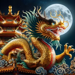 Fototapeta premium A large gold dragon is sitting on a building with a full moon in the background