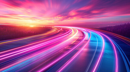 Long exposure of the lights of cars driving at high speed on the highway at night
